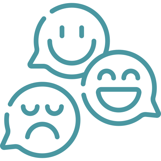 Three speech bubbles illustrate varying emotions: one happy, one neutral, and one sad. This image represents the expression of feelings and communication.