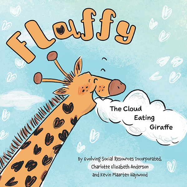 Fluffy, a cartoon giraffe with a happy expression, is playfully blowing a cloud labeled "The Cloud Eating Giraffe" against a blue sky background.
